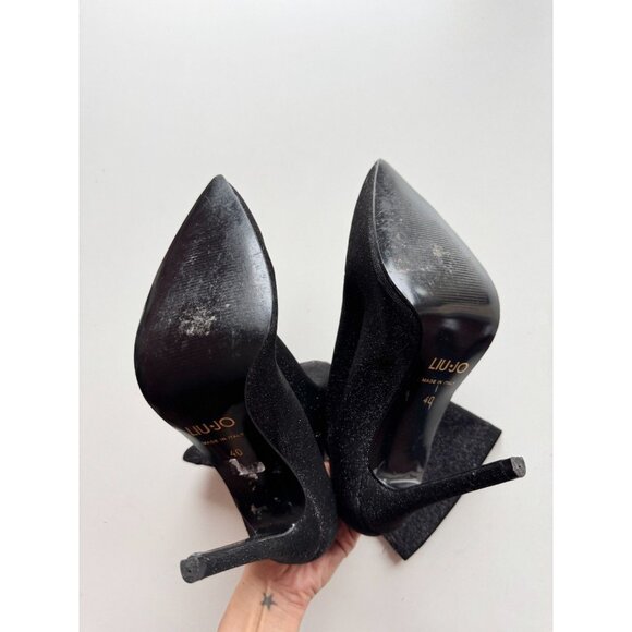 LIU JO Metallic Black Stretch Knit Mid Calf Pointed Toe Sock Boots, Size 40 - Picture 10 of 12